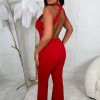 New Risk It All Red Halterneck Open Back Flared Jumpsuit Jumpsuits