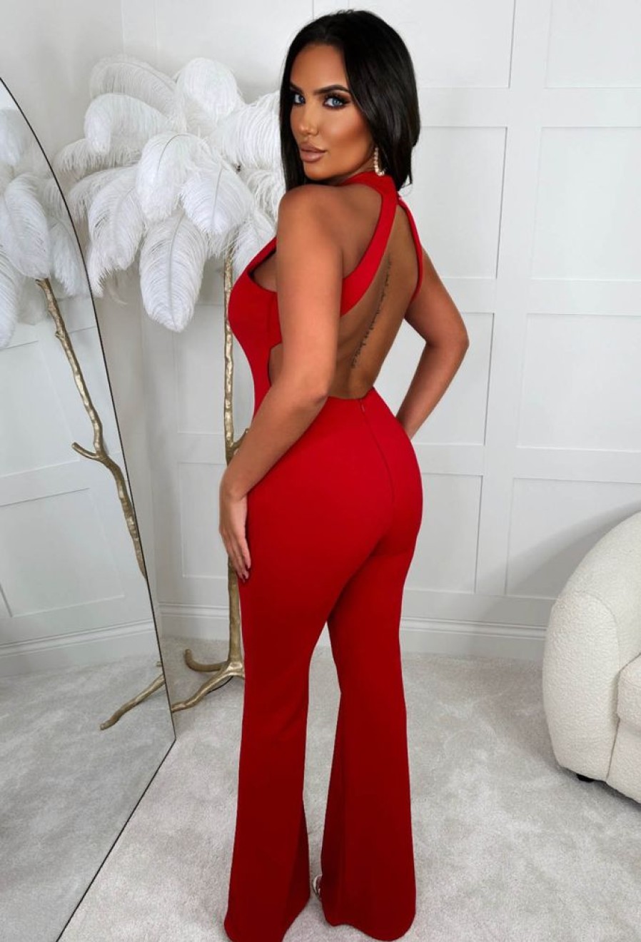 New Risk It All Red Halterneck Open Back Flared Jumpsuit Jumpsuits