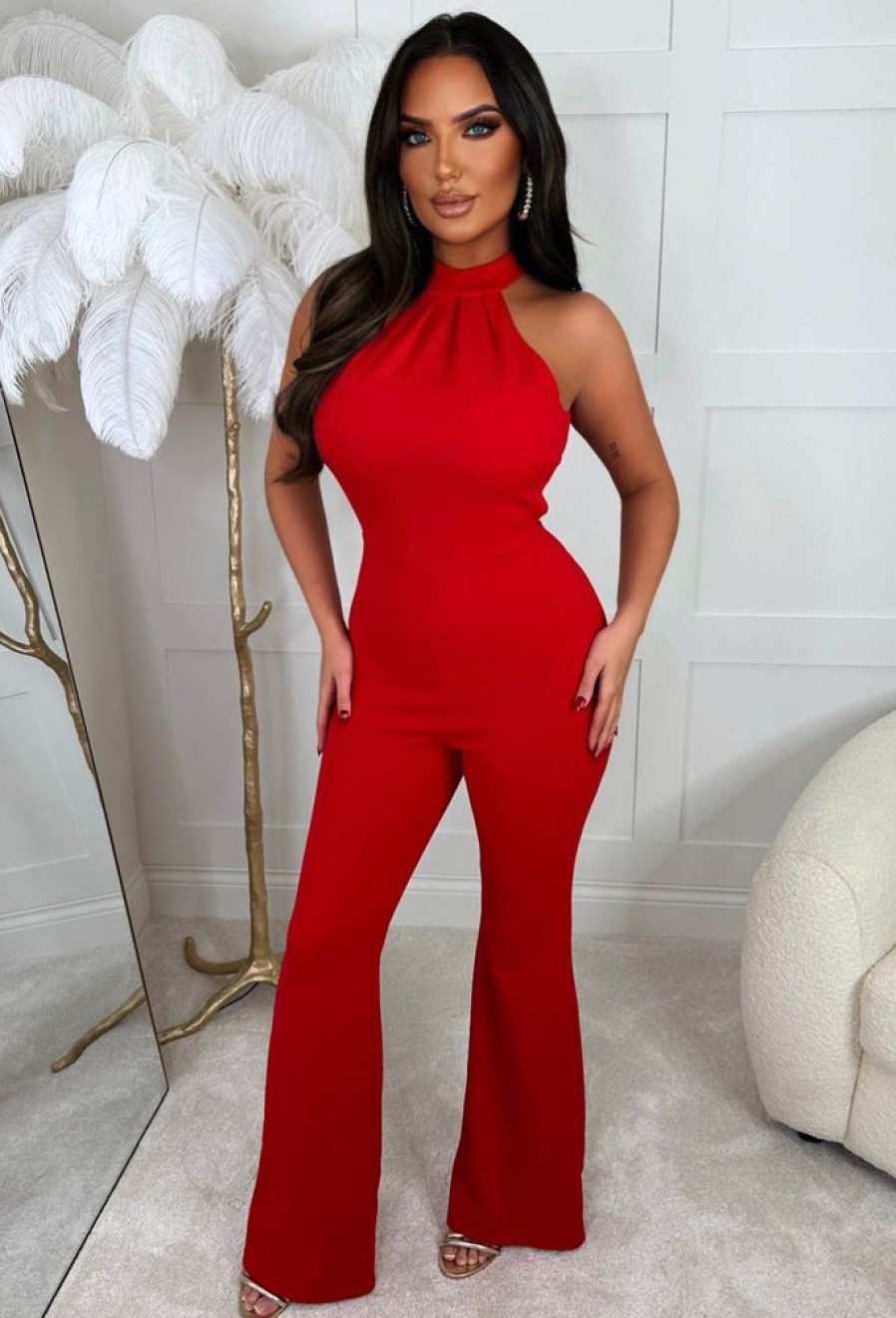 New Risk It All Red Halterneck Open Back Flared Jumpsuit Jumpsuits