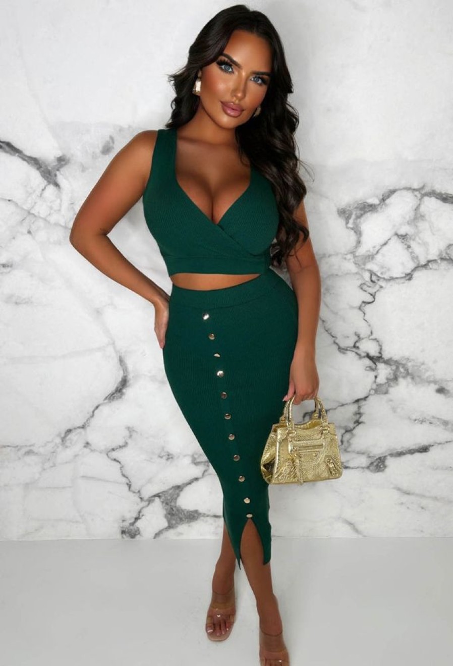 Clearance Elegant Lover Green Wrap Top Button Midi Skirt Knitted Co-Ord Set Knitwear