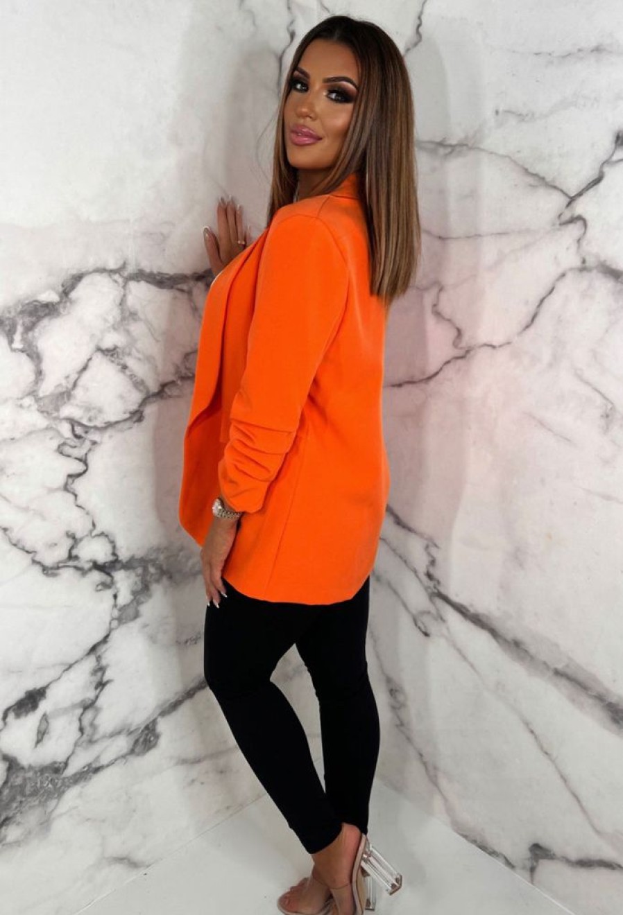 Wholesale Always Iconic Orange Shawl Ruched Sleeve Blazer Coats And Jackets