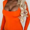 Online Girl Like Me Orange Square Neck Long Sleeve Bodysuit Tops