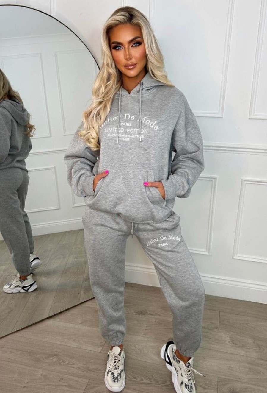 Best Ltd Edition Grey Marl Embroidered Hooded Two-Piece Loungewear Set Loungewear