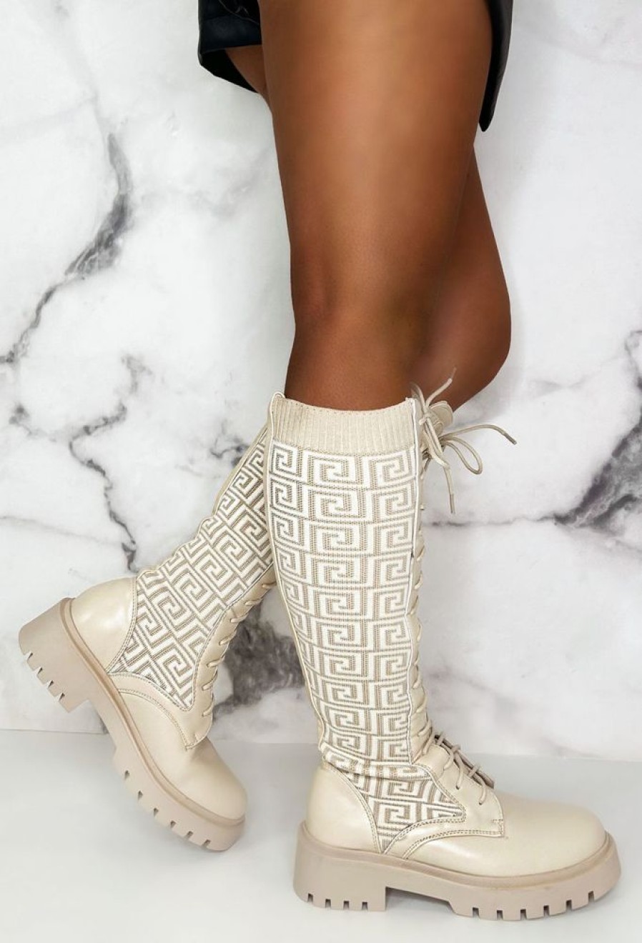 Wholesale Quite Obsessed Cream Knitted Geometric Ankle Knee Boots Boots