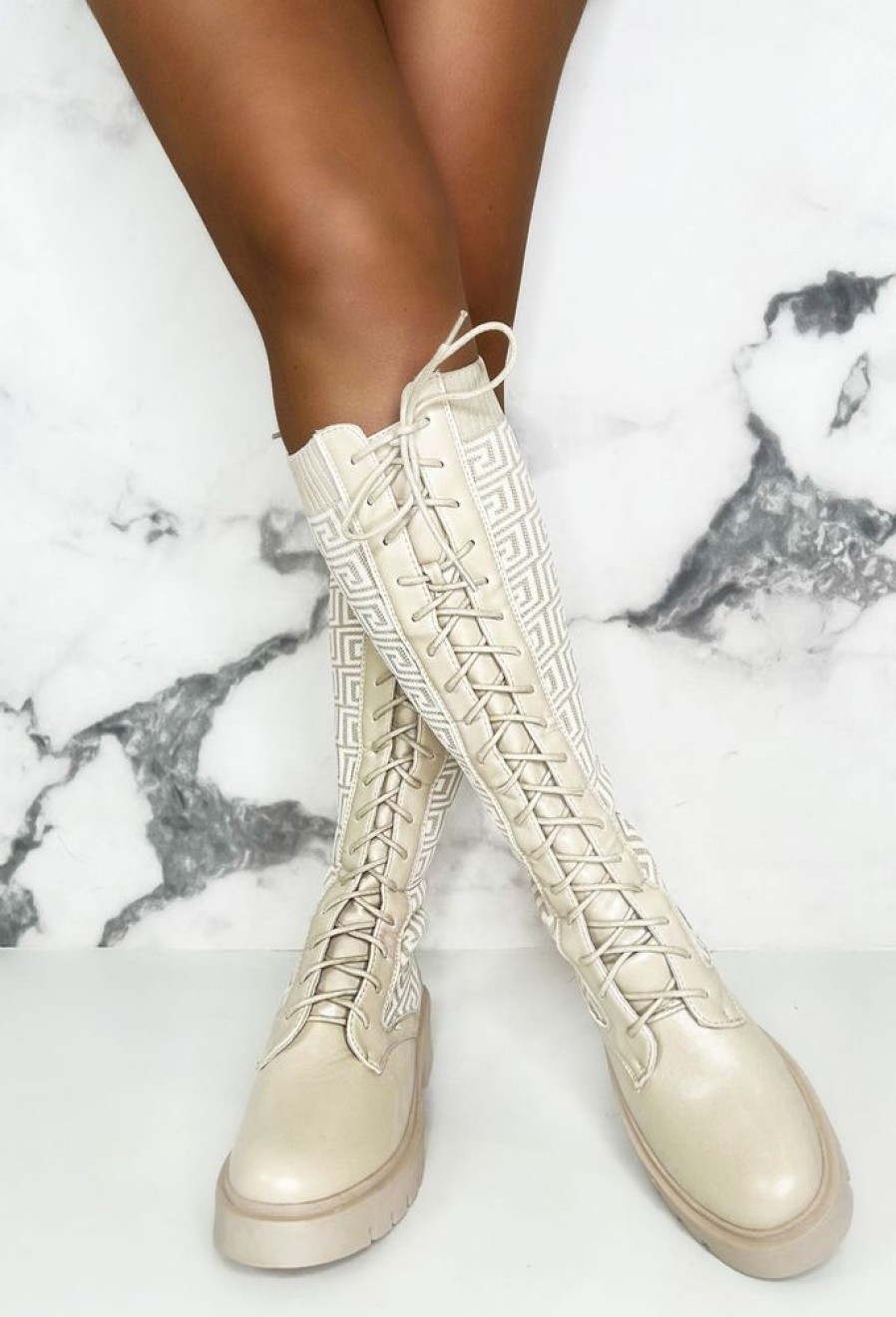 Wholesale Quite Obsessed Cream Knitted Geometric Ankle Knee Boots Boots