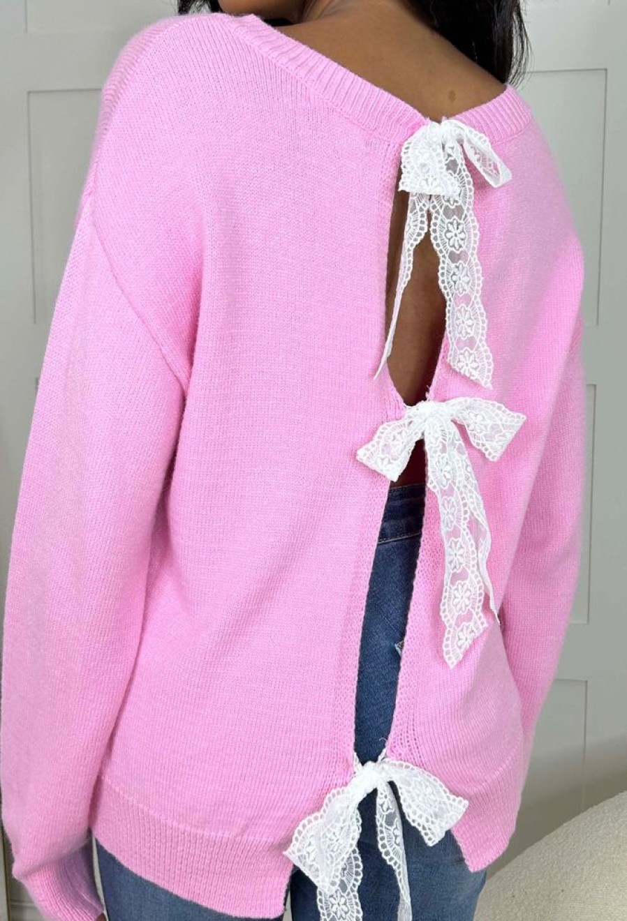 New Always A Statement Pink Lace Bow Jumper Tops