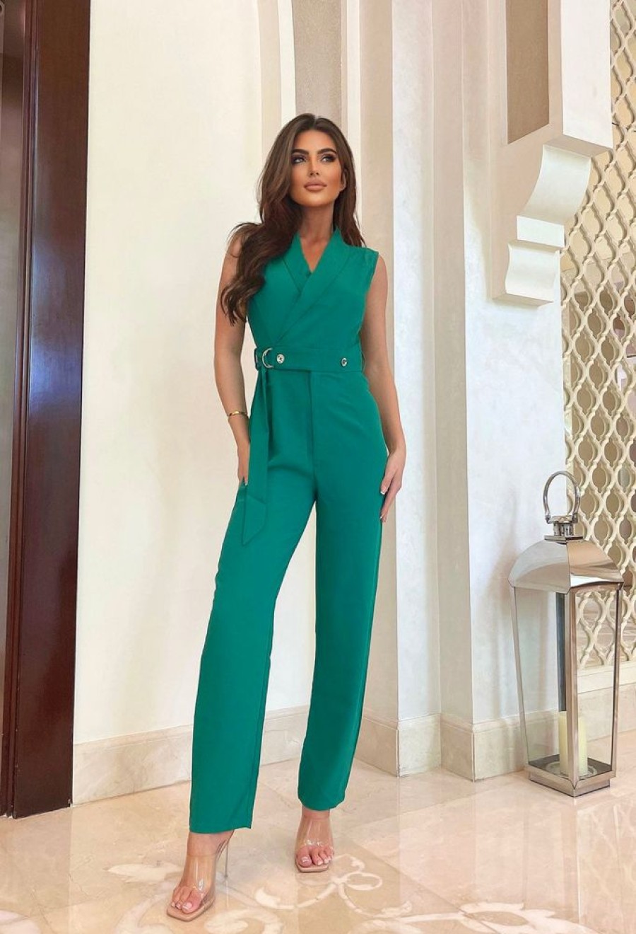 New Let'S Go Out Green Tailored Belted Jumpsuit Jumpsuits