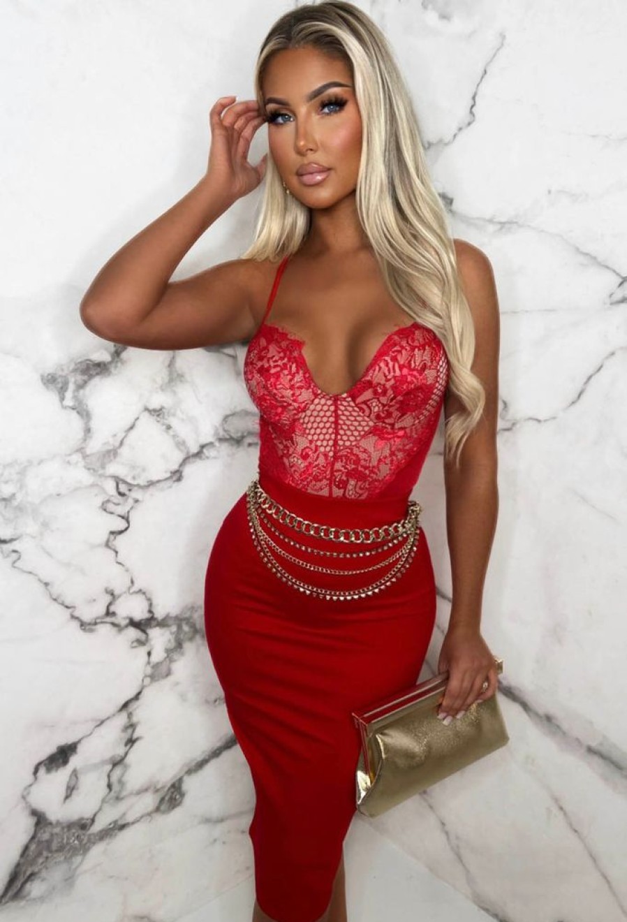 Wholesale Forever Flawless Red Lace Bodysuit Tops