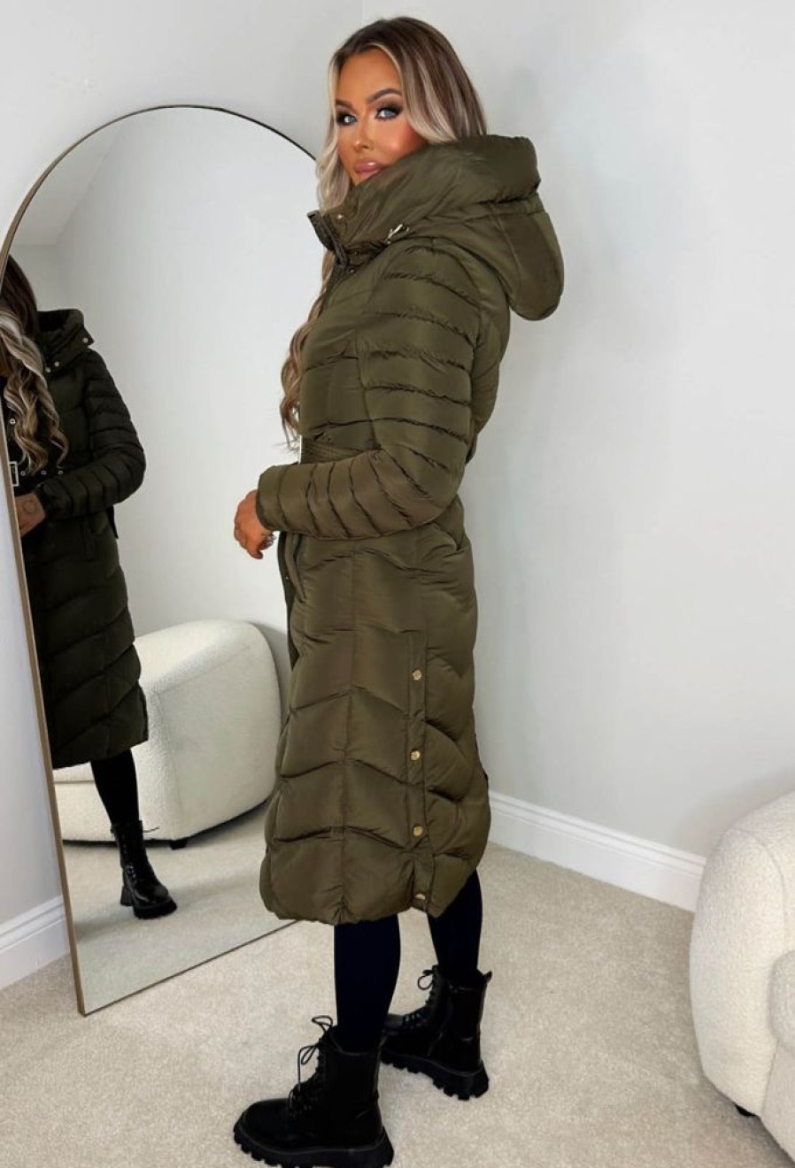 Best Urban Chic Khaki Chevron Belted Hooded Fleece Lined Padded Coat Coats And Jackets