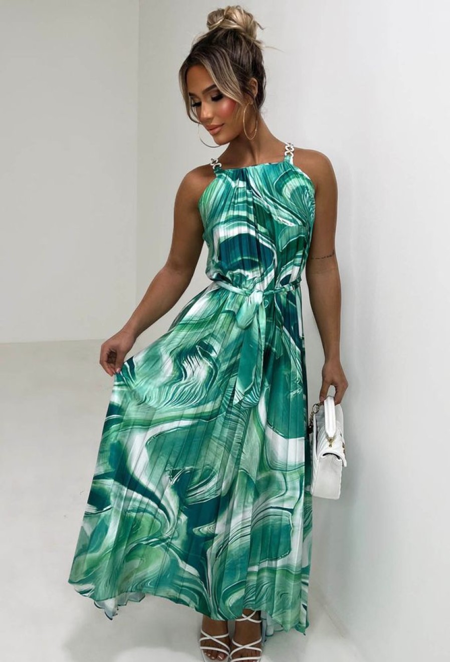 Best Pleated Perfection Green Marble Print Pleated Tie Waist Dress Summer Dresses