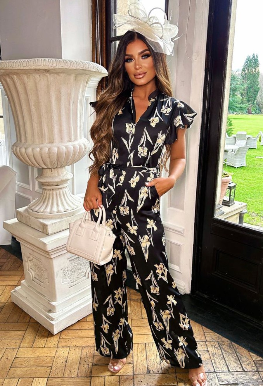 Best Love Garden Black Floral Print Satin Jumpsuit Jumpsuits