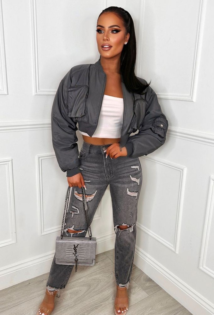 Online Flying Fantasy Charcoal Grey Nylon Cropped Bomber Jacket Coats And Jackets