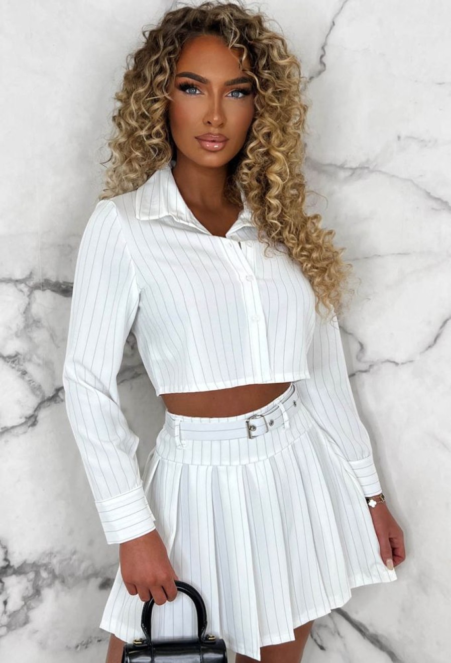 Hot City Slay Monochrome Pleated Skirt Pinstripe Co-Ord Oufit Set Co-Ords