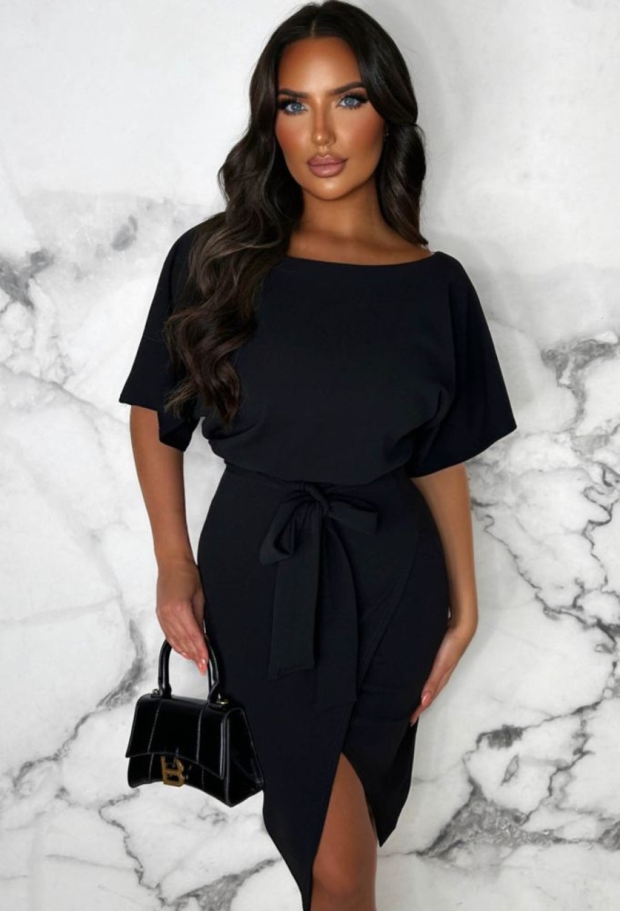 Wholesale Came Here For Love Black Belted Wrap Front Midi Dress Dresses