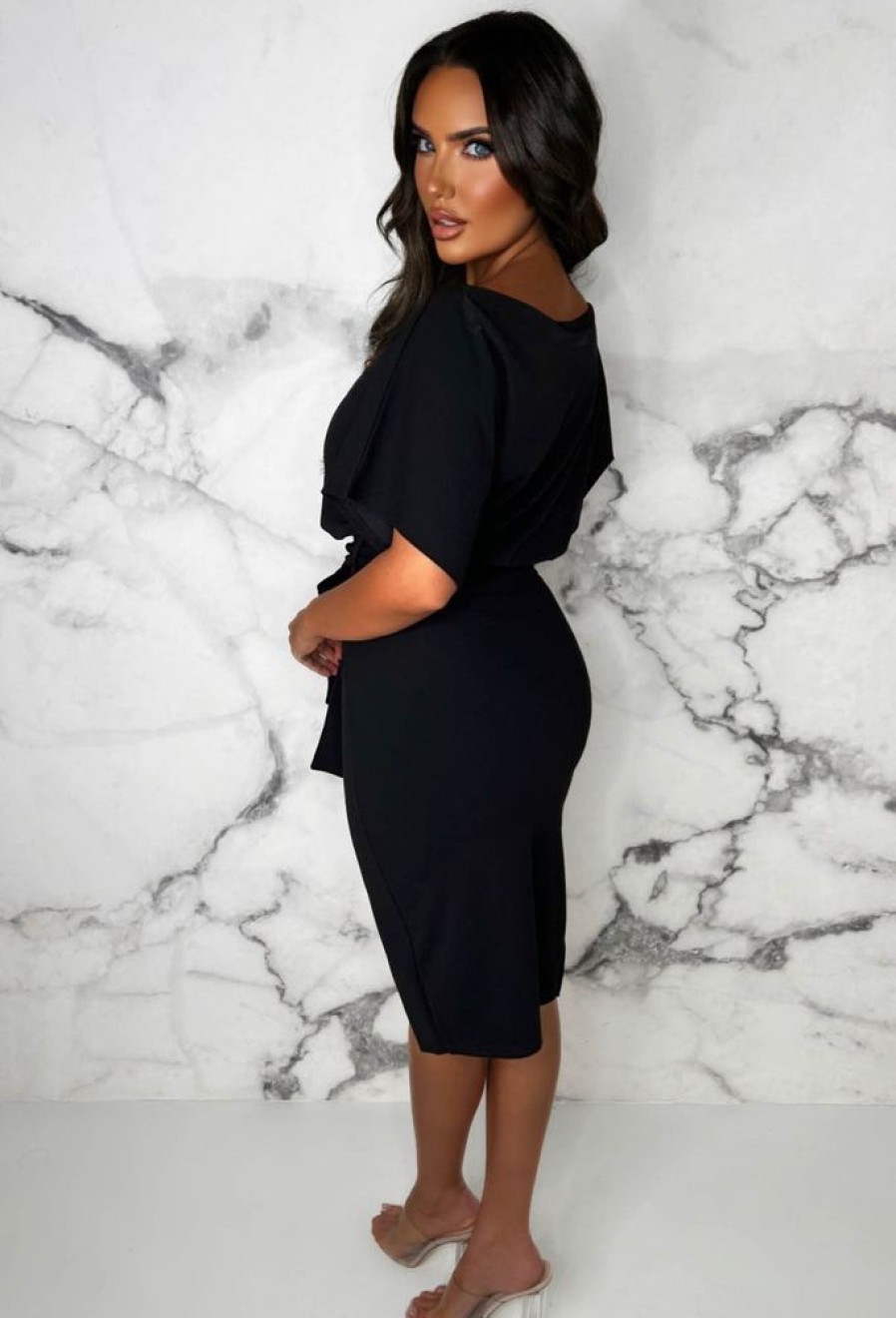 Wholesale Came Here For Love Black Belted Wrap Front Midi Dress Dresses