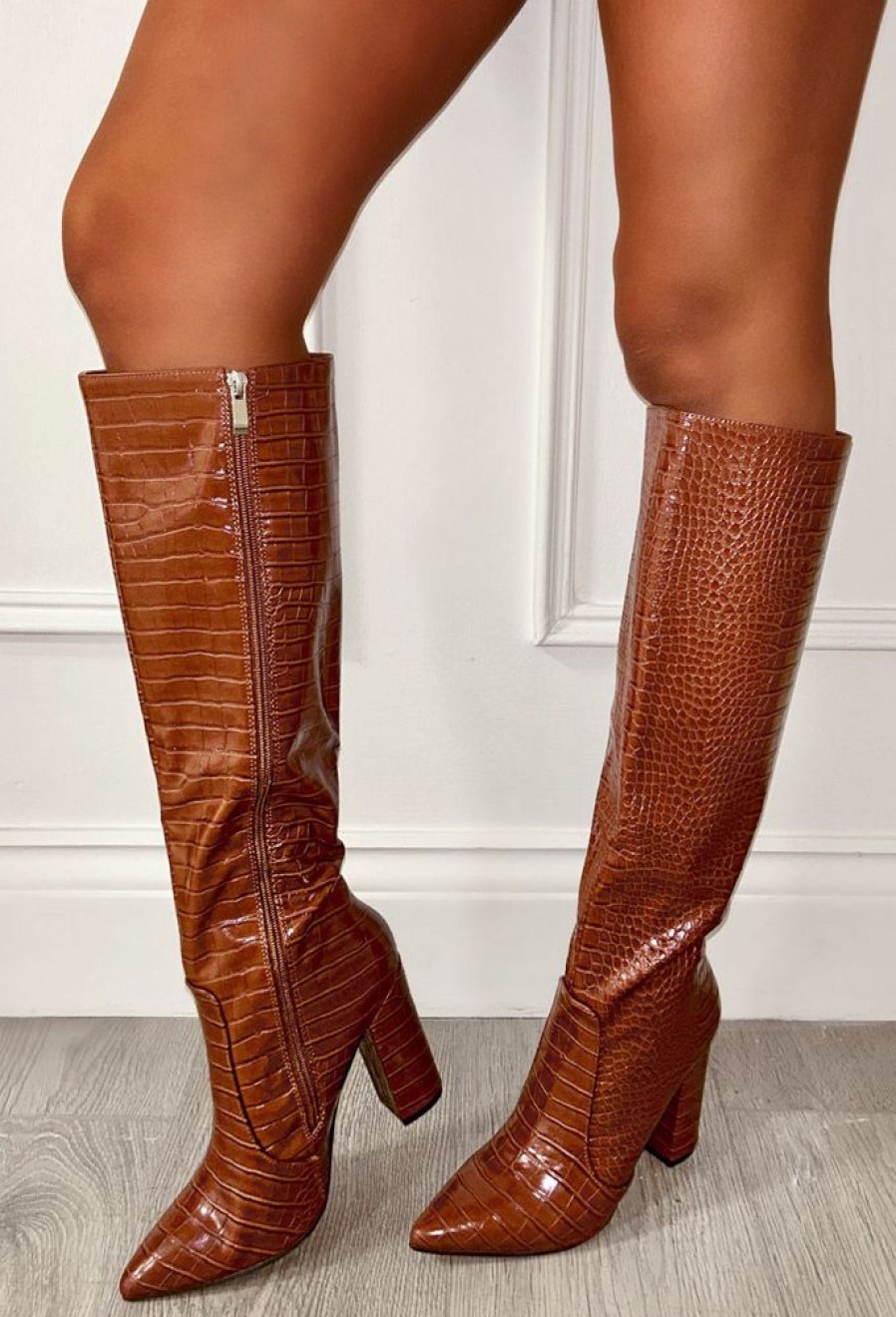 New All You Want Tan Croc Knee Boot With Block Heel High Heels