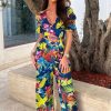 Clearance Tropic Tease Blue Tropical Print Wide Leg Co-Ord Set Suits & Sets