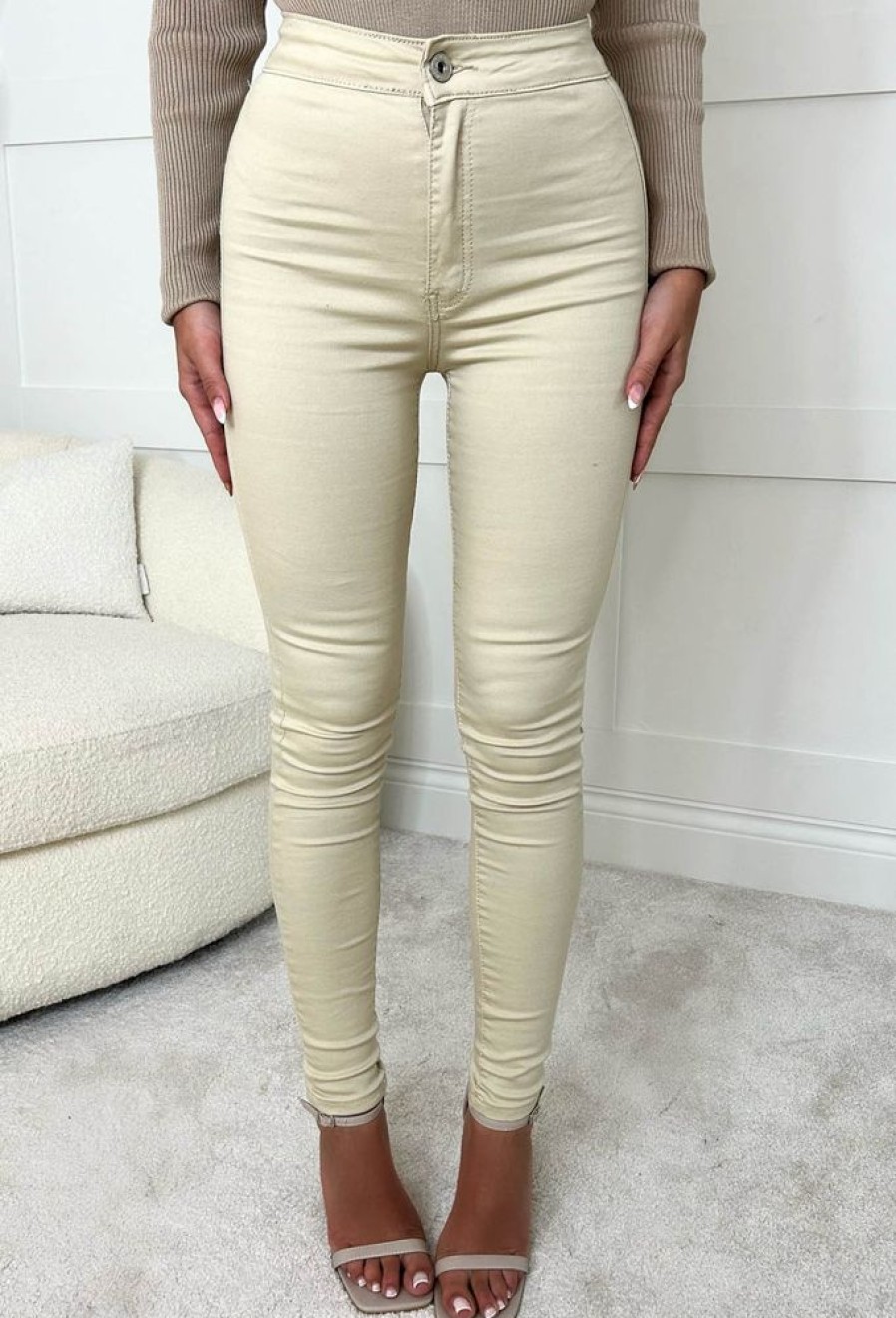 Clearance Authentic Chic Beige Stretch Skinny Plain Front Jeans Jeans