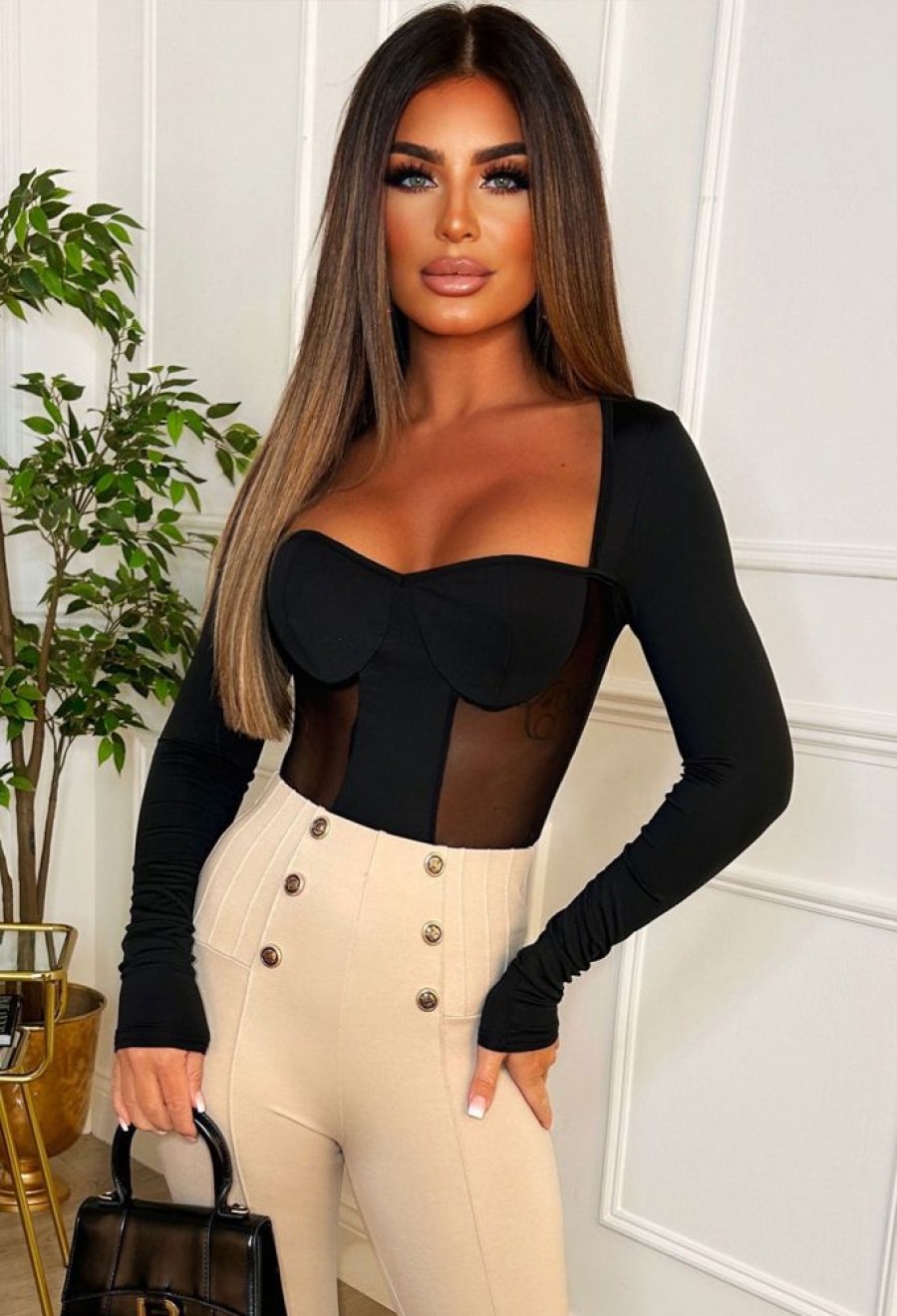 New Don'T Tempt Me Black Mesh Panel Bodysuit Bodysuits