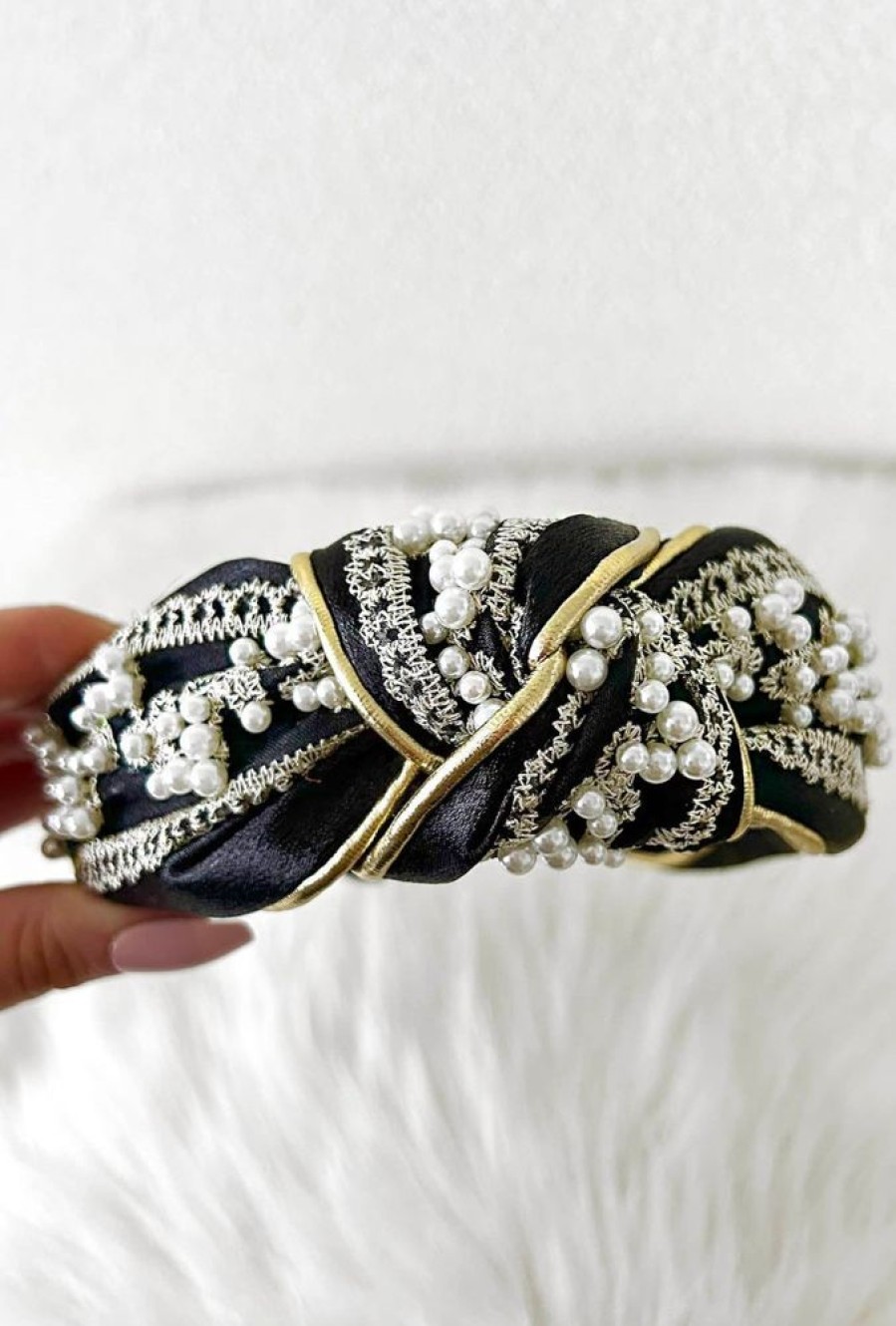 Best Luxe Vibes Black Pearl Embellished Headband Hair Accessories