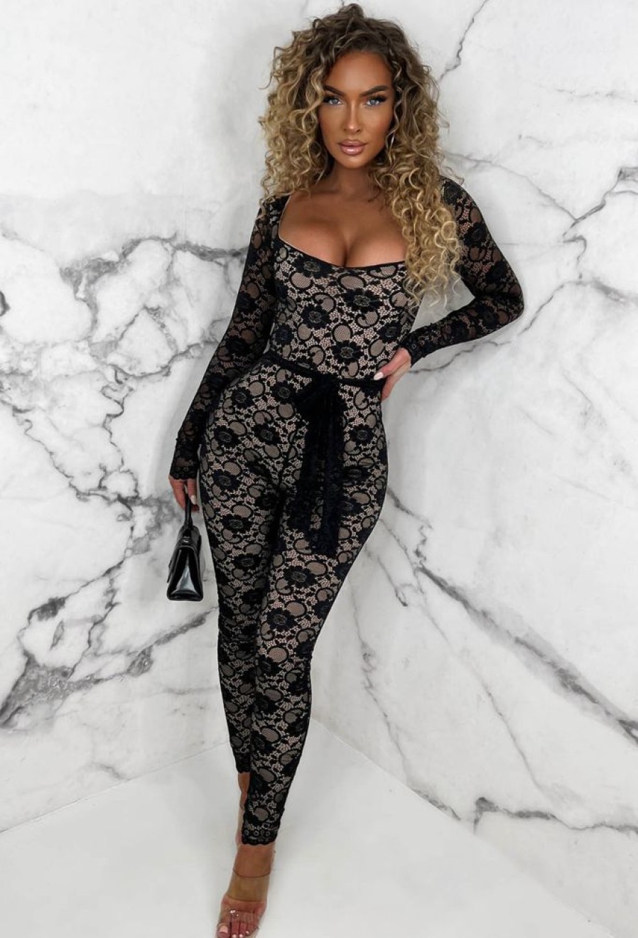 New Enchanting Elegance Black Fitted Belted Lined Lace Jumpsuit Jumpsuits