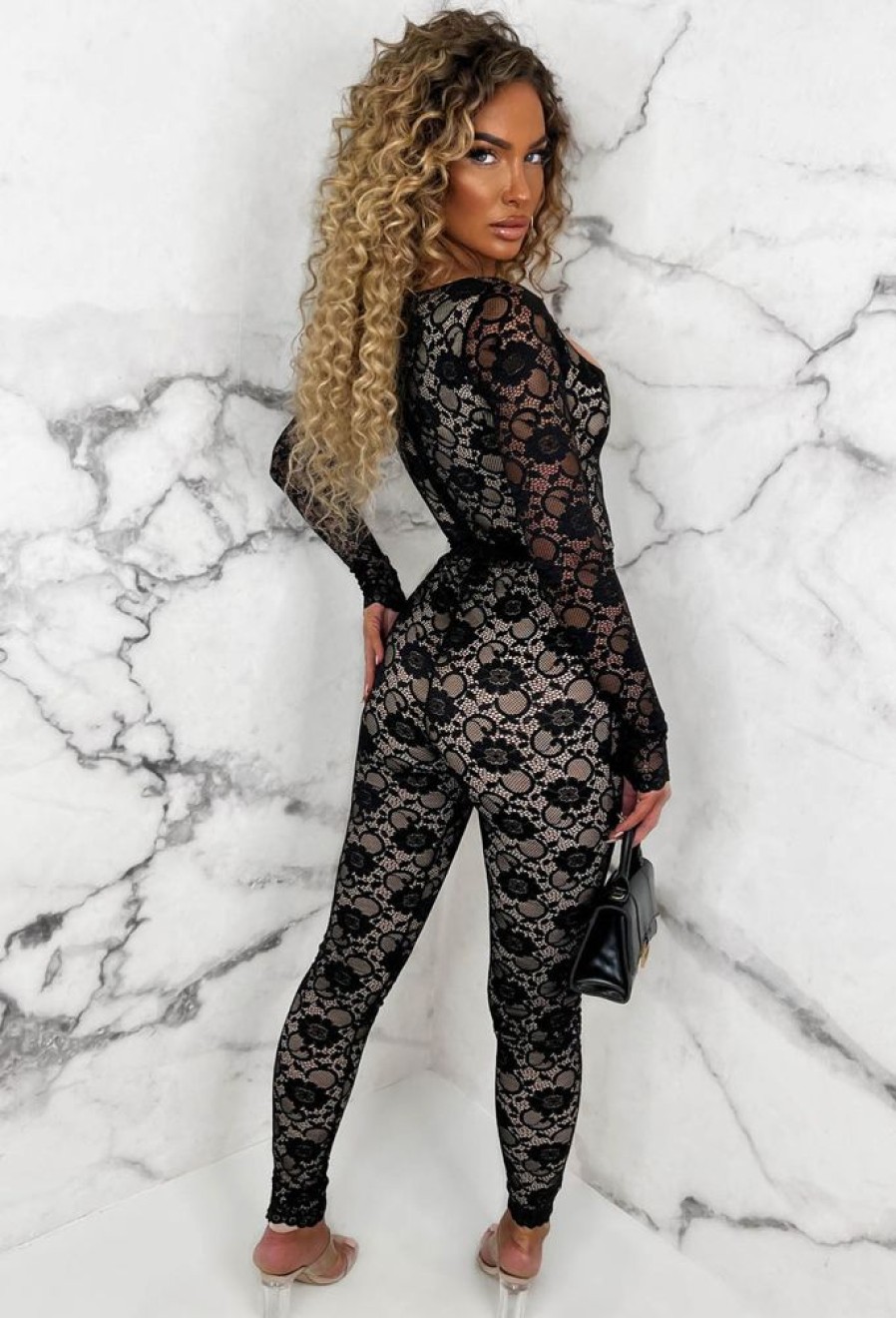 New Enchanting Elegance Black Fitted Belted Lined Lace Jumpsuit Jumpsuits