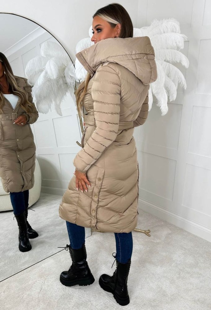 New Urban Chic Beige Chevron Belted Hooded Fleece Lined Padded Coat Coats And Jackets