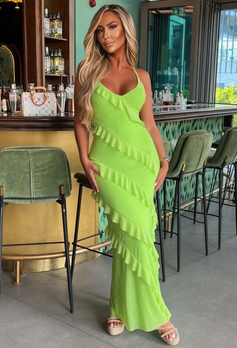 Online Frilling Temptation Green Frilled Lace Up Back Cami Maxi Dress Summer Dresses