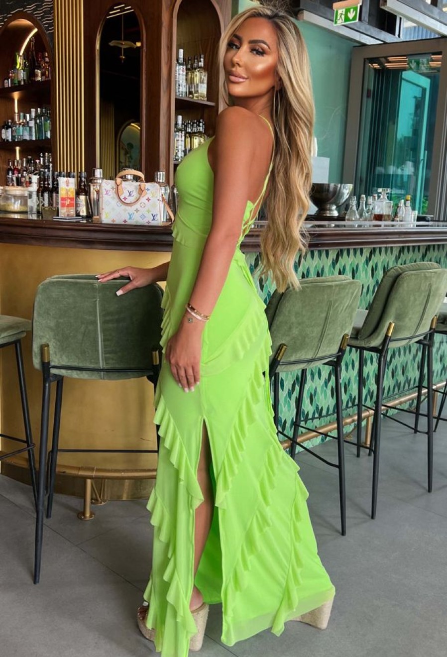 Online Frilling Temptation Green Frilled Lace Up Back Cami Maxi Dress Summer Dresses