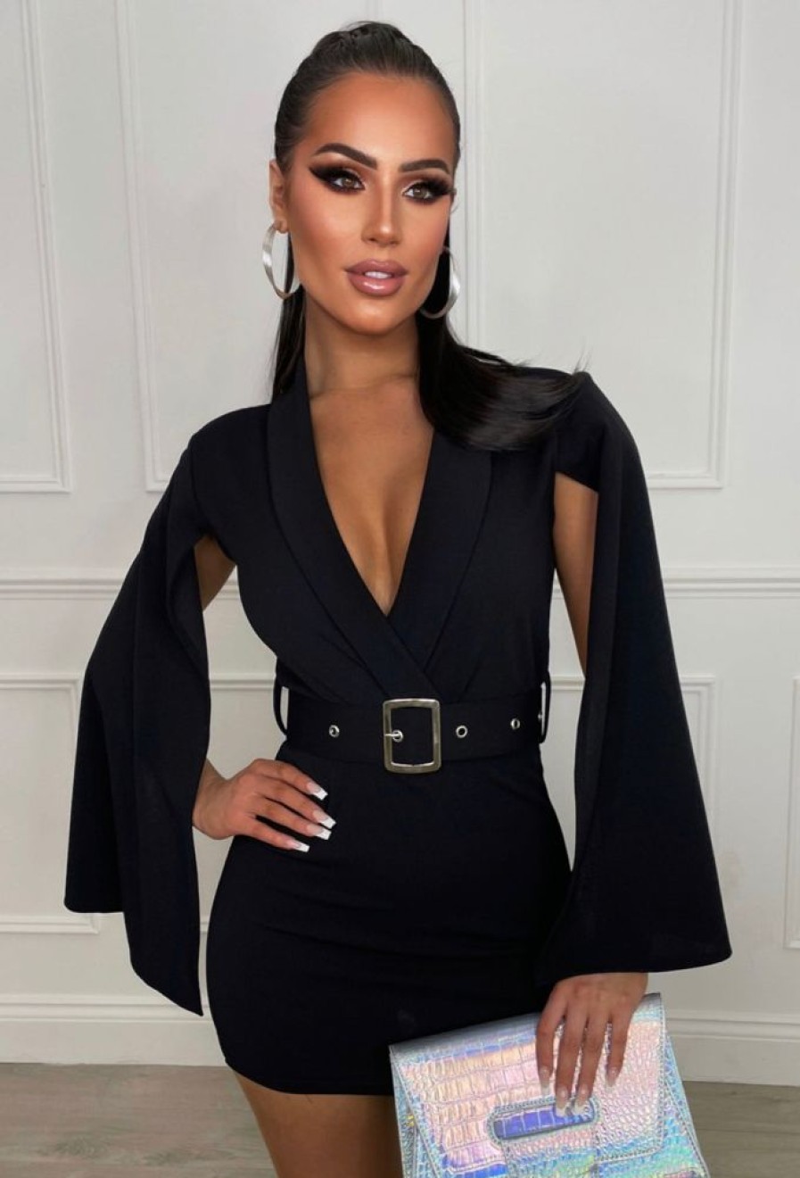 Online Bold Moves Black Drape Sleeve Belted Playsuit Playsuits