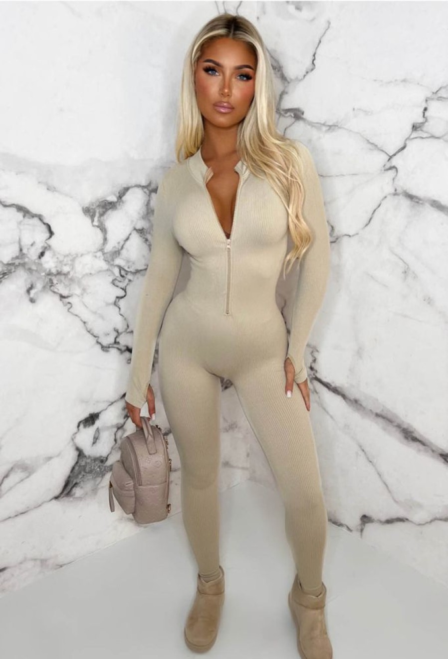 Online Zip Me Up Beige Long Sleeve Waist Cinching Zip Up Unitard Loungewear