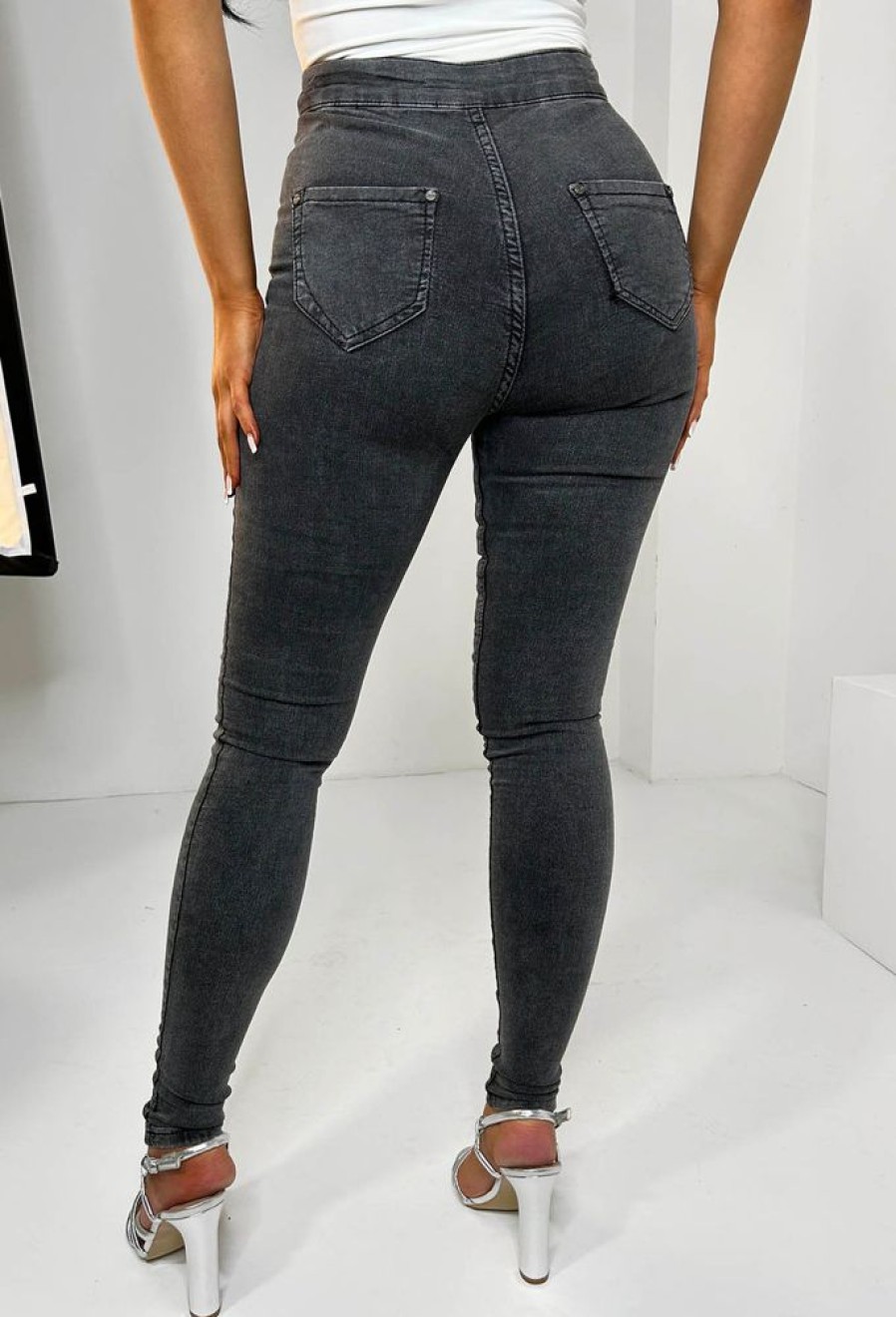 Hot Authentic Chic Charcoal Grey Stretch Skinny Plain Front Jeans Jeans