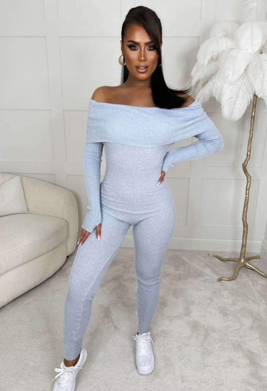 New Movie Icon Grey Marl Bardot Knitted Loungewear Jumpsuit Loungewear