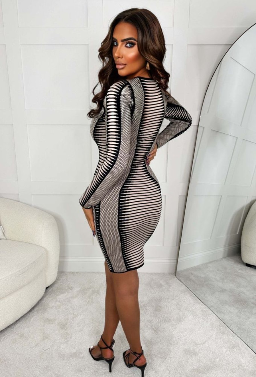 Best Illusion Of You Beige Body Contouring Illusion Knitted Midi Dress Dresses