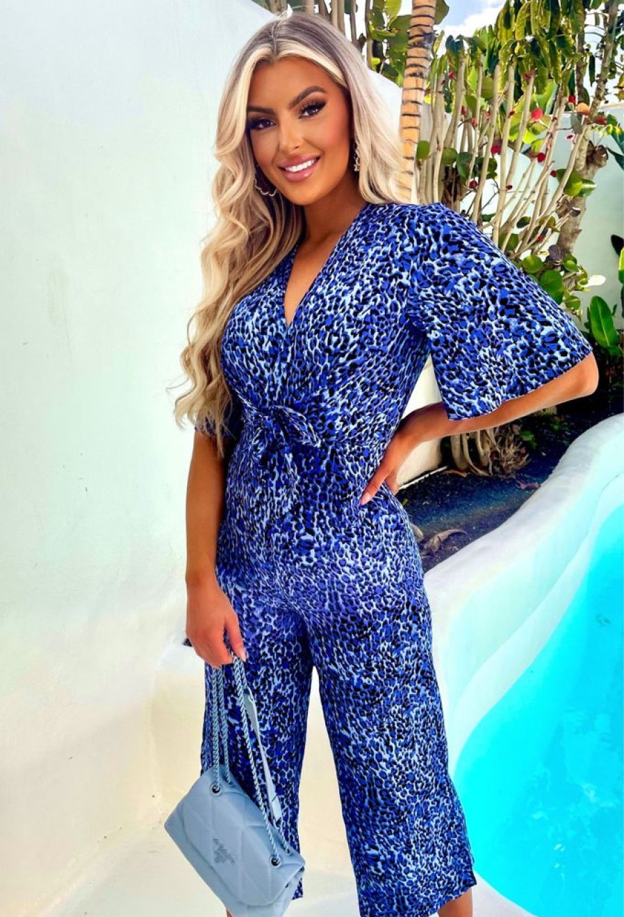 Hot Elegant Guest Blue Leopard Print Knot Front Jumpsuit Jumpsuits