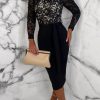 New Luxury Sensation Black Long Sleeve Stretch Lace Belted Midi Dress Dresses