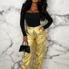 Best Golden Luxe Metallic Gold Ruched Toggle Cargo Trousers Limited Edition Trousers & Leggings