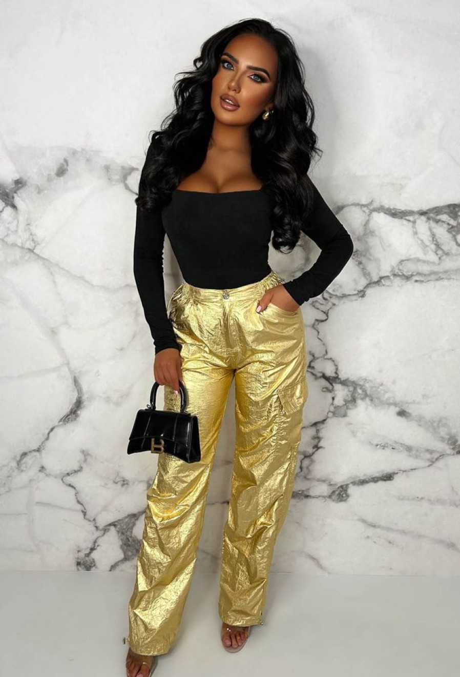 Best Golden Luxe Metallic Gold Ruched Toggle Cargo Trousers Limited Edition Trousers & Leggings