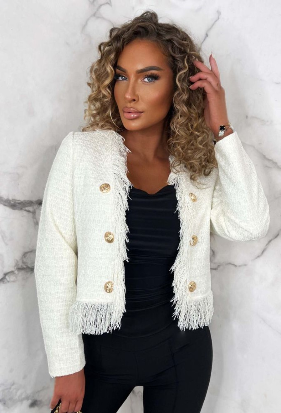 Best Exclusively Chic Cream Tweed Collarless Tassel Cropped Jacket Coats And Jackets