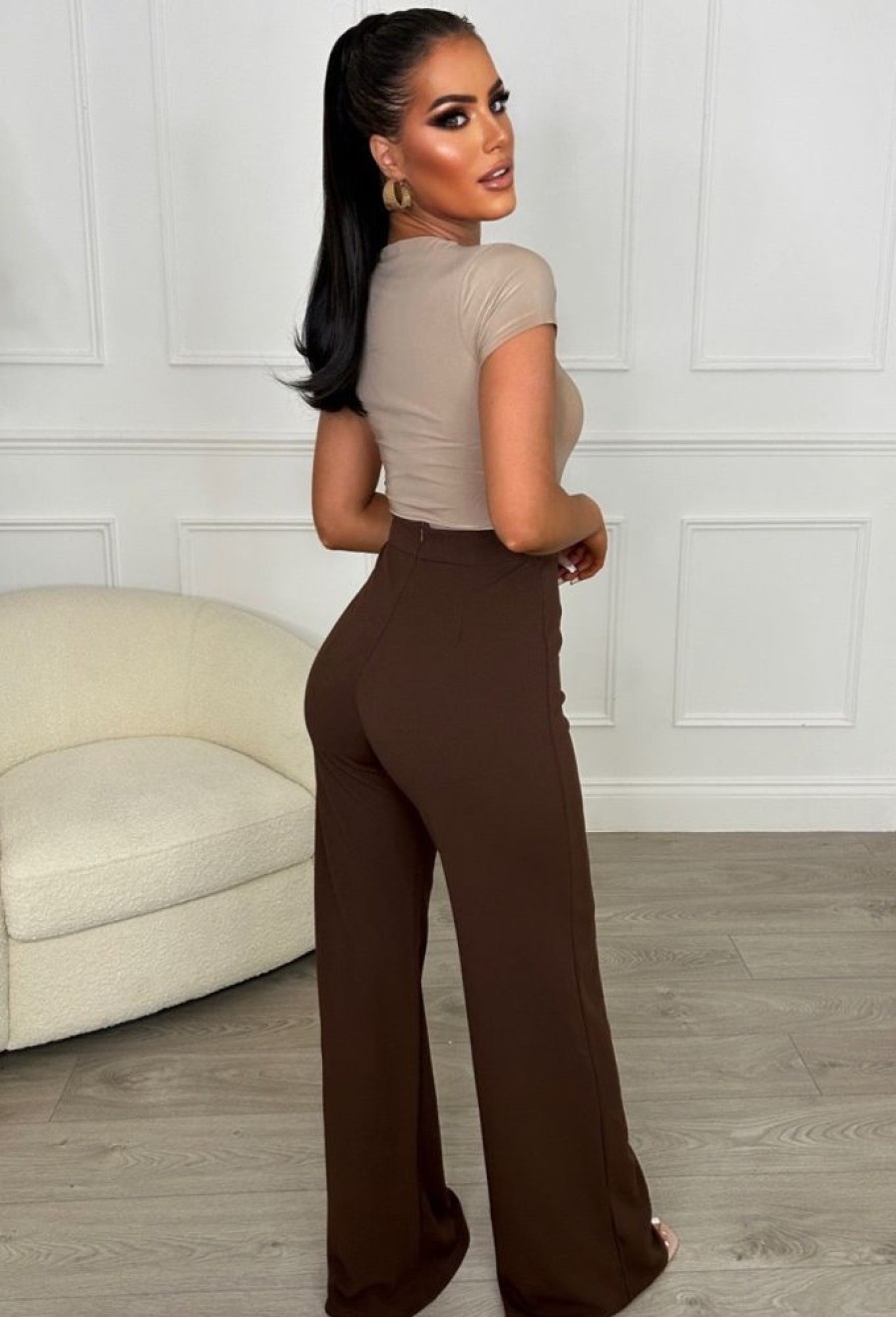 Hot I See Fire Brown High Waisted Wide Leg Trousers Trousers & Leggings