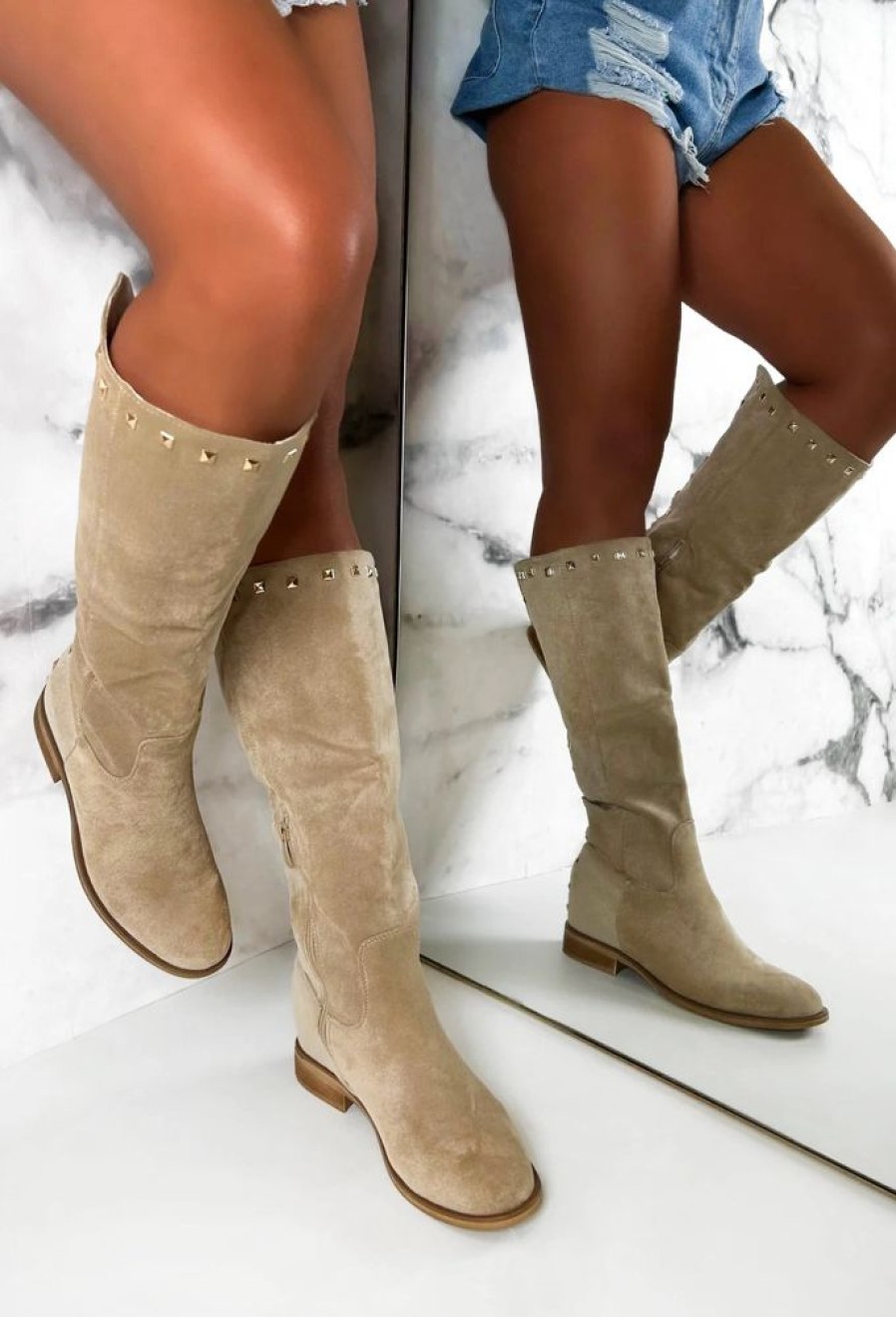 New Sweet Glamour Cream Gold Stud Faux Suede Knee High Boots Boots