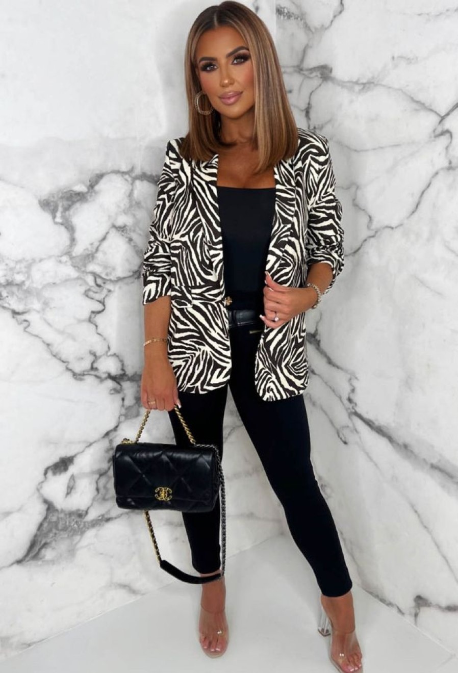 Best Iconic Night Black Shawl Neck Ruched Sleeve Animal Printed Blazer Coats And Jackets