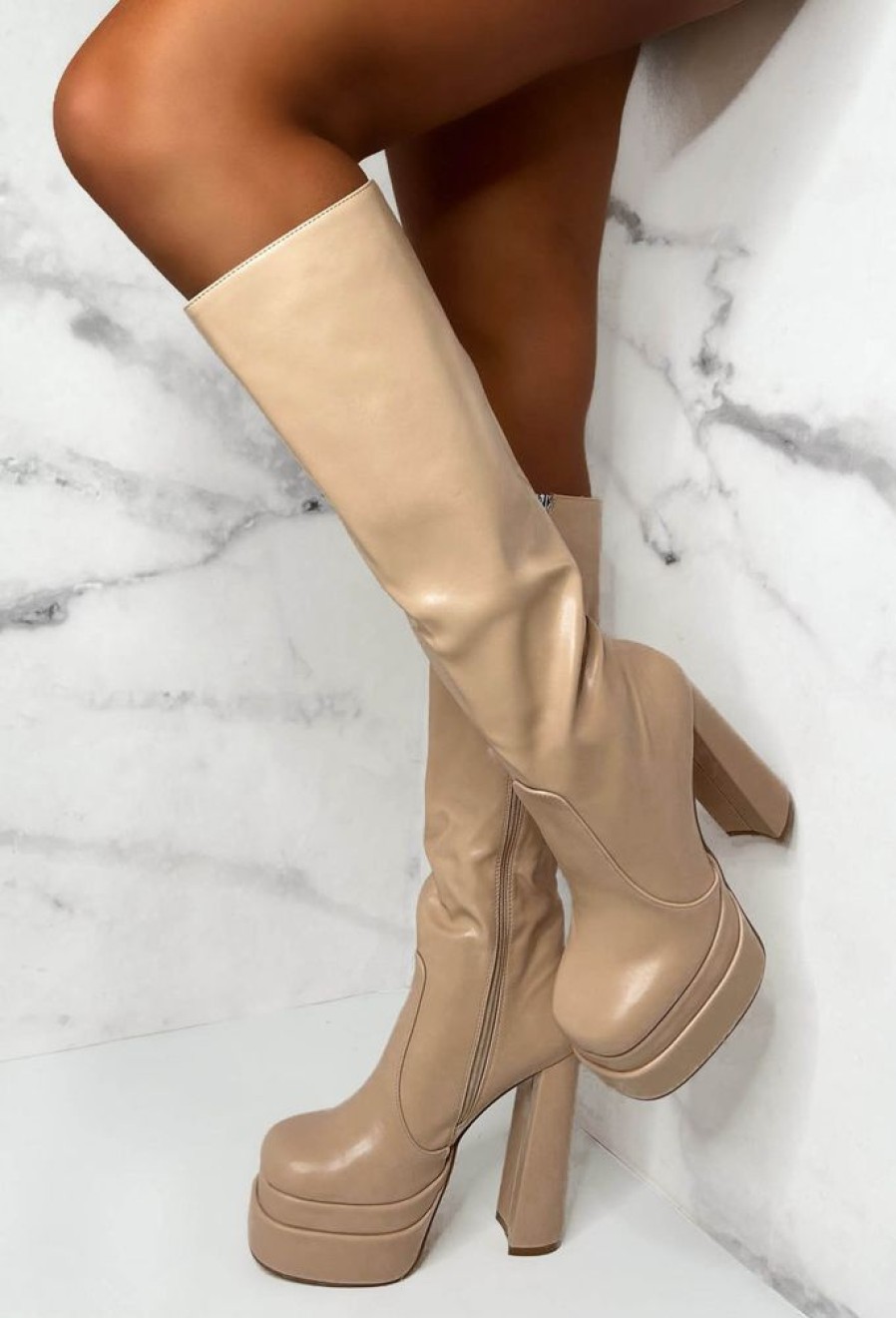 Online Love Connection Nude Super High Platform Knee Boots Limited Edition Boots