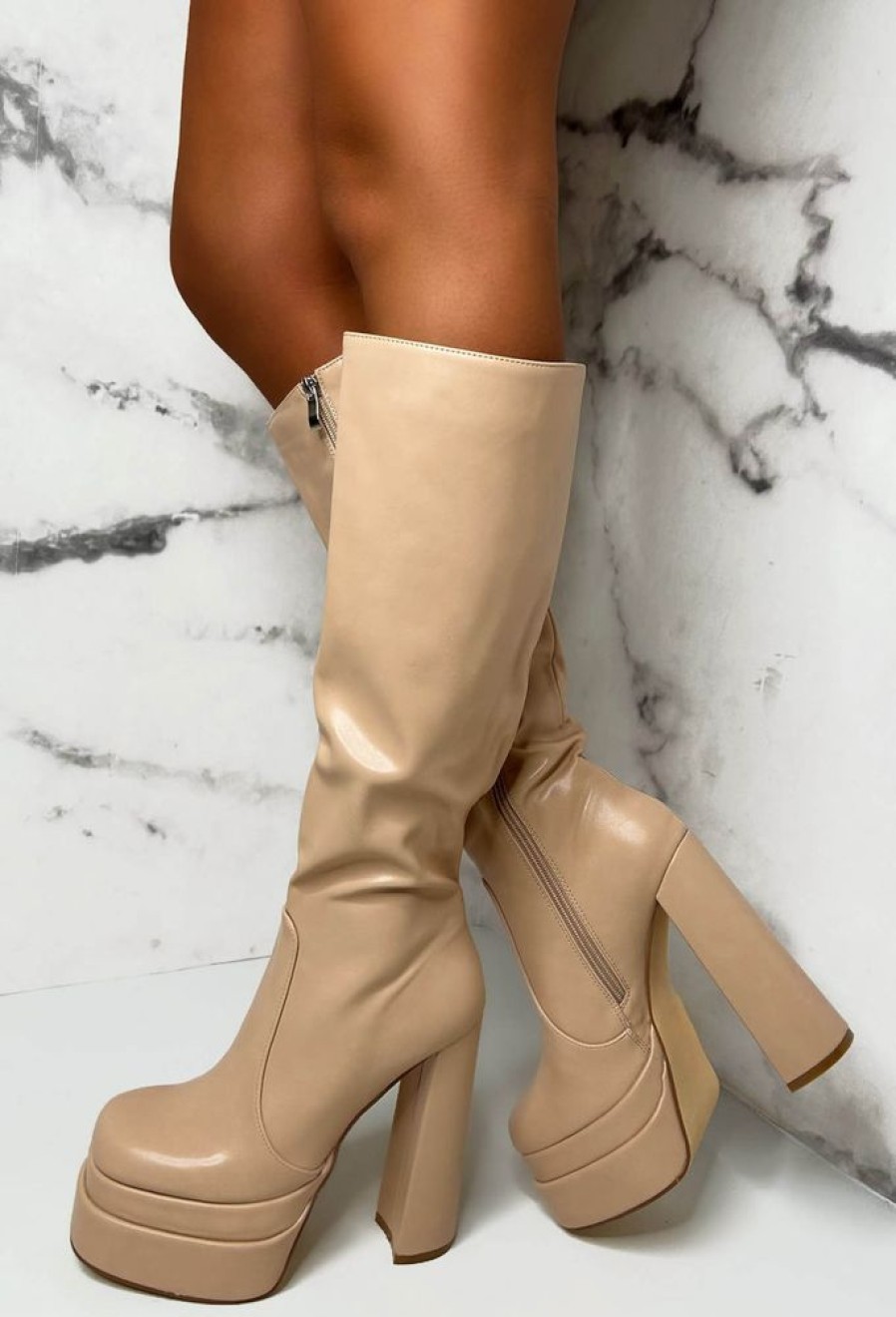 Online Love Connection Nude Super High Platform Knee Boots Limited Edition Boots