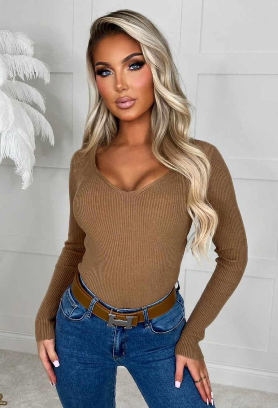 Hot Not For You Tan Knit V Neck Jumper Tops