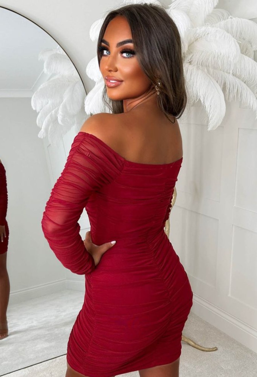 Best Bijoux Red Mesh Long Sleeve Ruched Corset Mini Dress Dresses