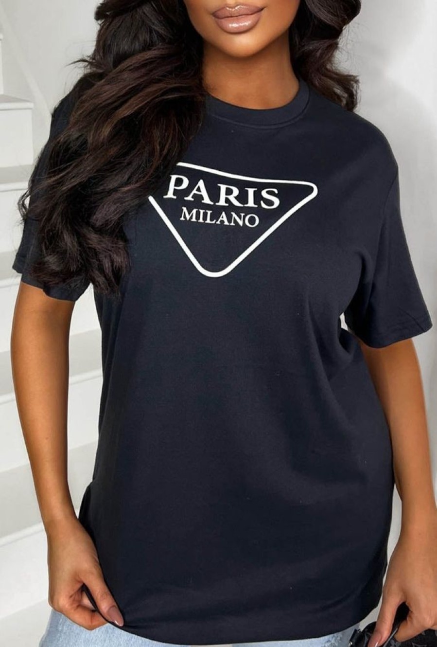 Best Vibing In Paris Black Paris Printed T-Shirt Tops