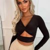 Online That Feeling Brown Stretch Cut Out Long Sleeve Crop Top Tops