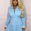 Clearance Lacy Love Blue Lace Trim Frilled Belted Shirt Dress Summer Dresses