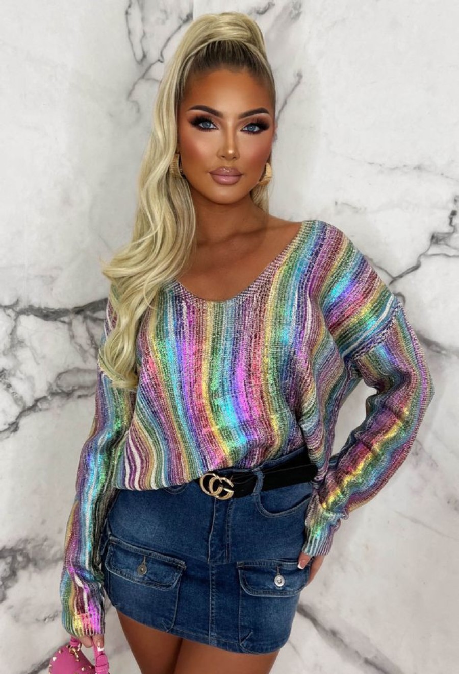 Best Diva Doll Multi Metallic Foil Rainbow Jumper Limited Edition Tops